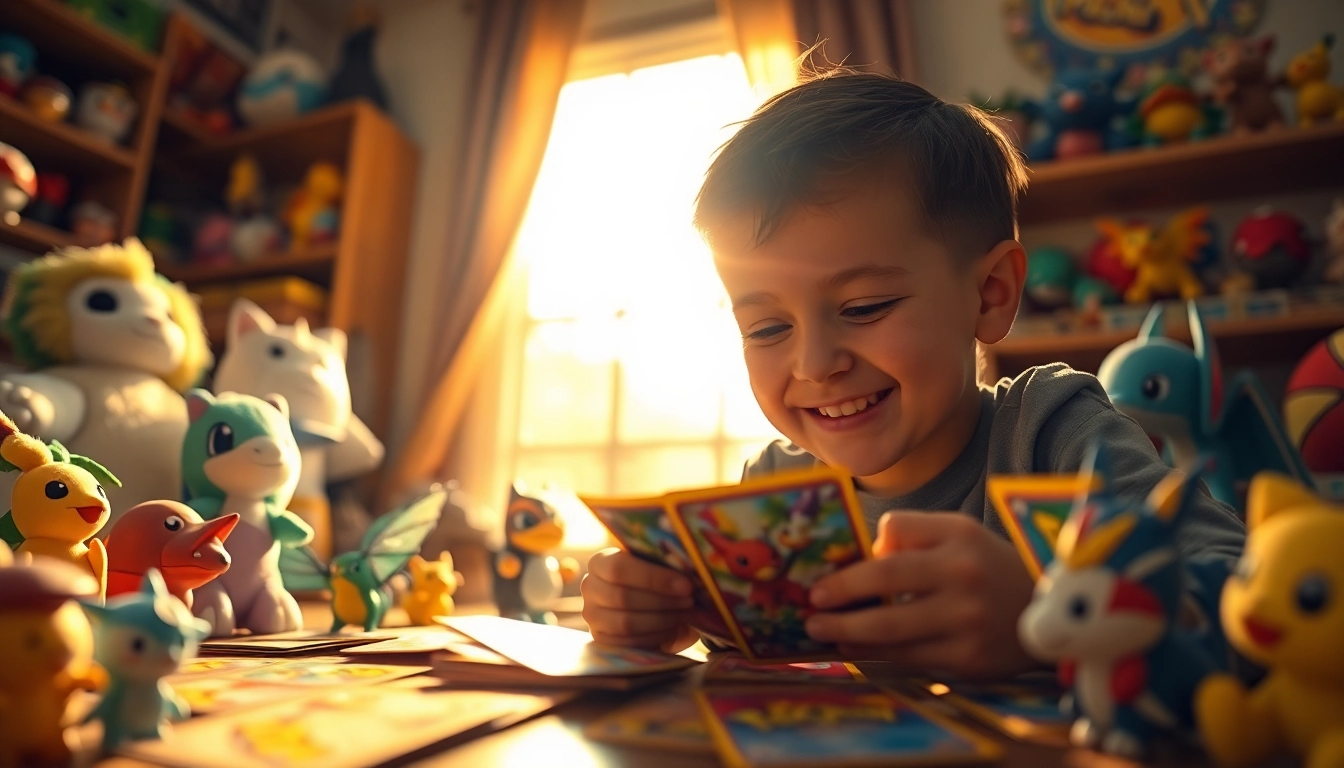 Explore a child captivated by real pokemon cards amidst vibrant Pokémon figures and plush toys.