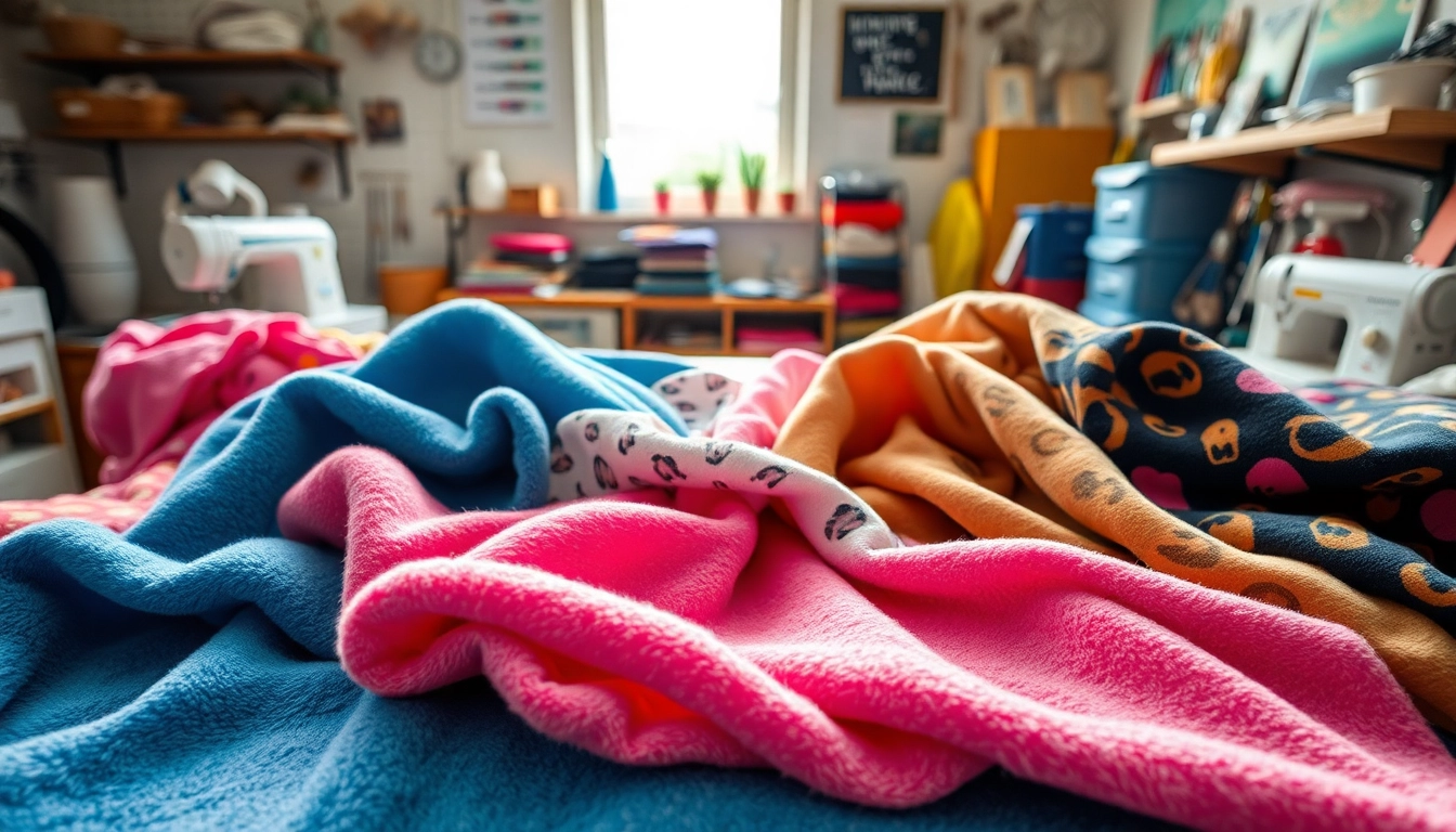 Fleece stof met verschillende prints en kleuren op een naaitafel in een ambachtelijke studio.