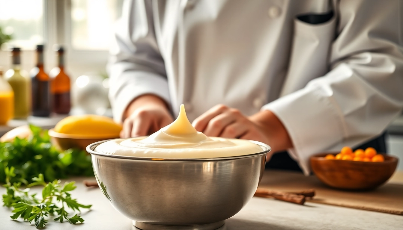 Bereiding van mousseline in een keuken met verse ingrediënten en zachte verlichting.