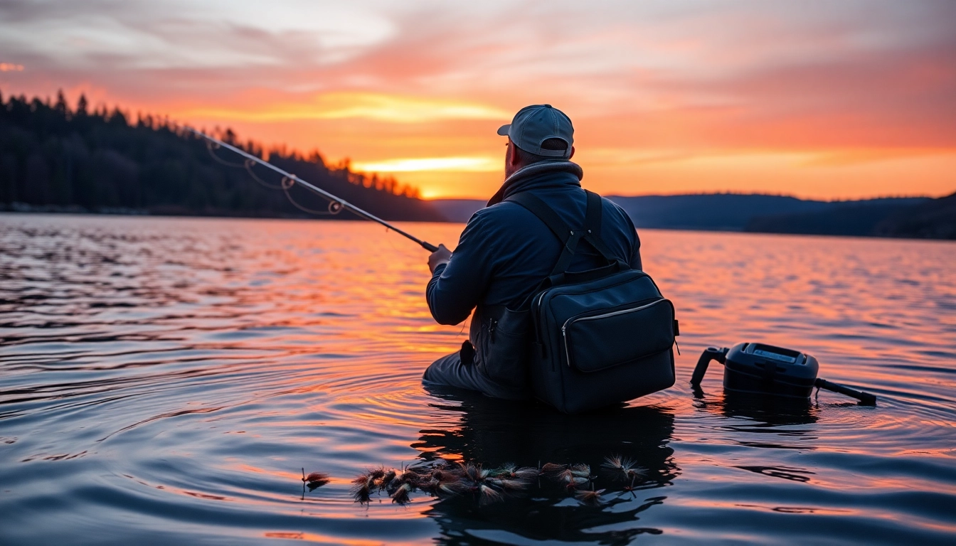 Engaging scene of fly fishing for bass at sunset, showcasing tranquil waters and an angler in action.
